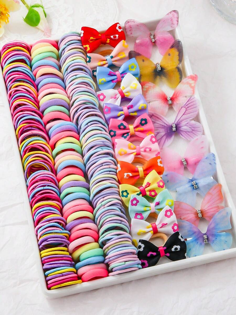 266 piezas Set surtido de ligas para el cabello, bandas elásticas y accesorios para el cabello con flores, lazos y tul de colores para niñas, estilo princesa lindo para uso diario y regalos
