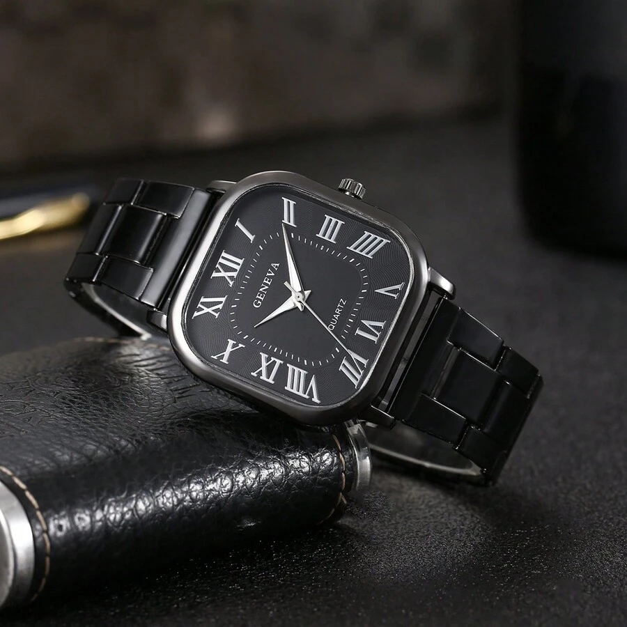 1 pieza Reloj de cuarzo cuadrado minimalista con correa de acero inoxidable para hombre, reloj de pulsera casual con números romanos, ideal para uso diario y regalo