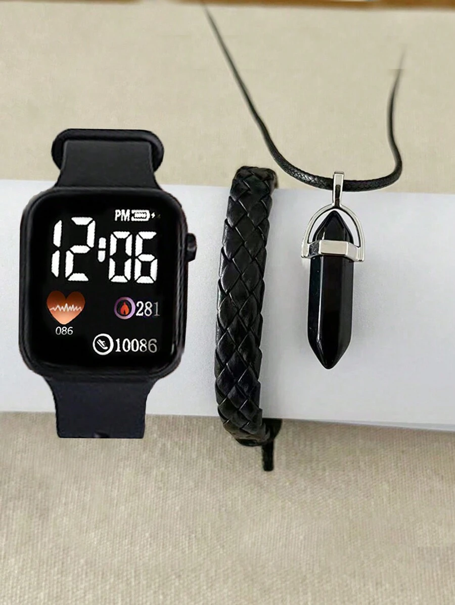 3 piezas de Reloj electrónico cuadrado para niños con temática de dibujos animados, número de amor y pulsera de reloj y collar como obsequio de joyería para niños