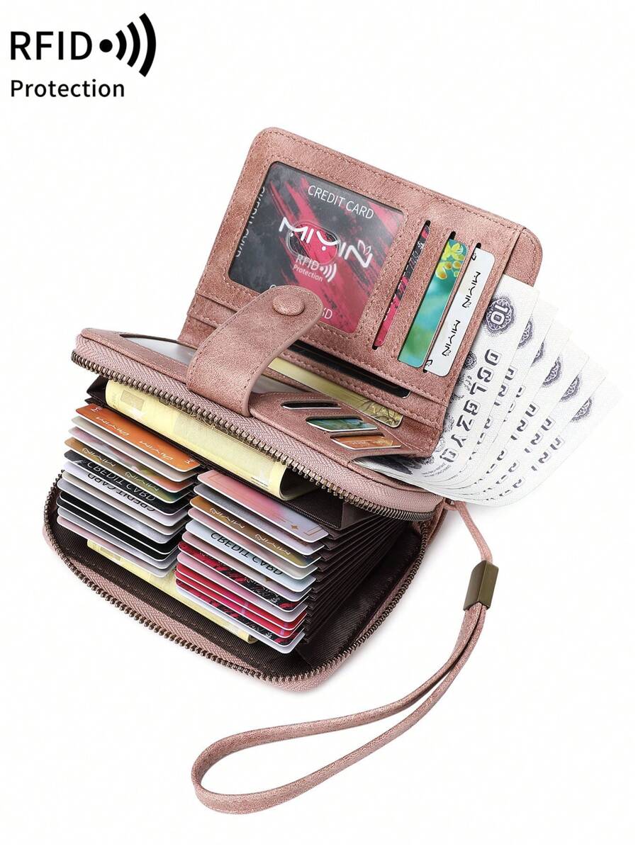 Cartera pequeña segura con bloqueo - Gran capacidad con monedero vintage con cremallera y muñequera - Cartera multifunción con múltiples ranuras para tarjetas para hombres y mujeres Monedero con cremallera y estilo vintage hueco como regalo (Rosa)