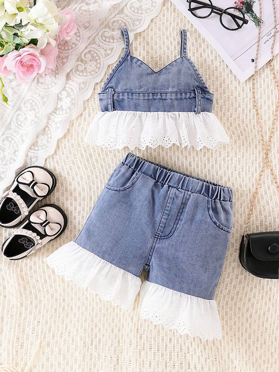 Nuevo conjunto de 2 piezas de peto vaquero para niñas pequeñas para primavera-verano: top con peto vaquero y pantalones cortos