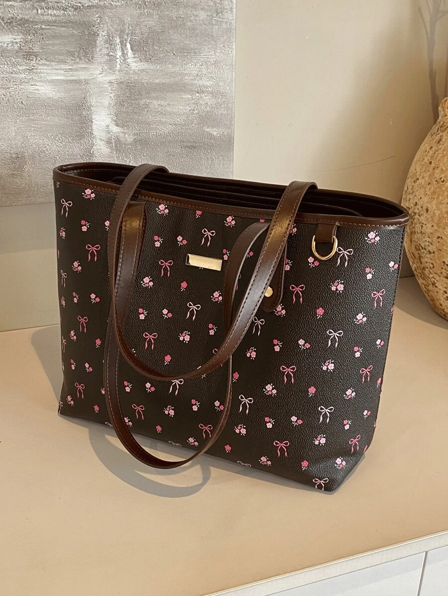 Nuevo bolso de hombro grande de moda clásica de un solo color PU de gran capacidad, diseño decorativo de estampado floral de estilo dulce vacaciones, cartera elegante de mujer, bolso para ir al trabajo, adecuado para viajes, compras, ir al trabajo y fiestas, y para el inicio de la temporada escolar.