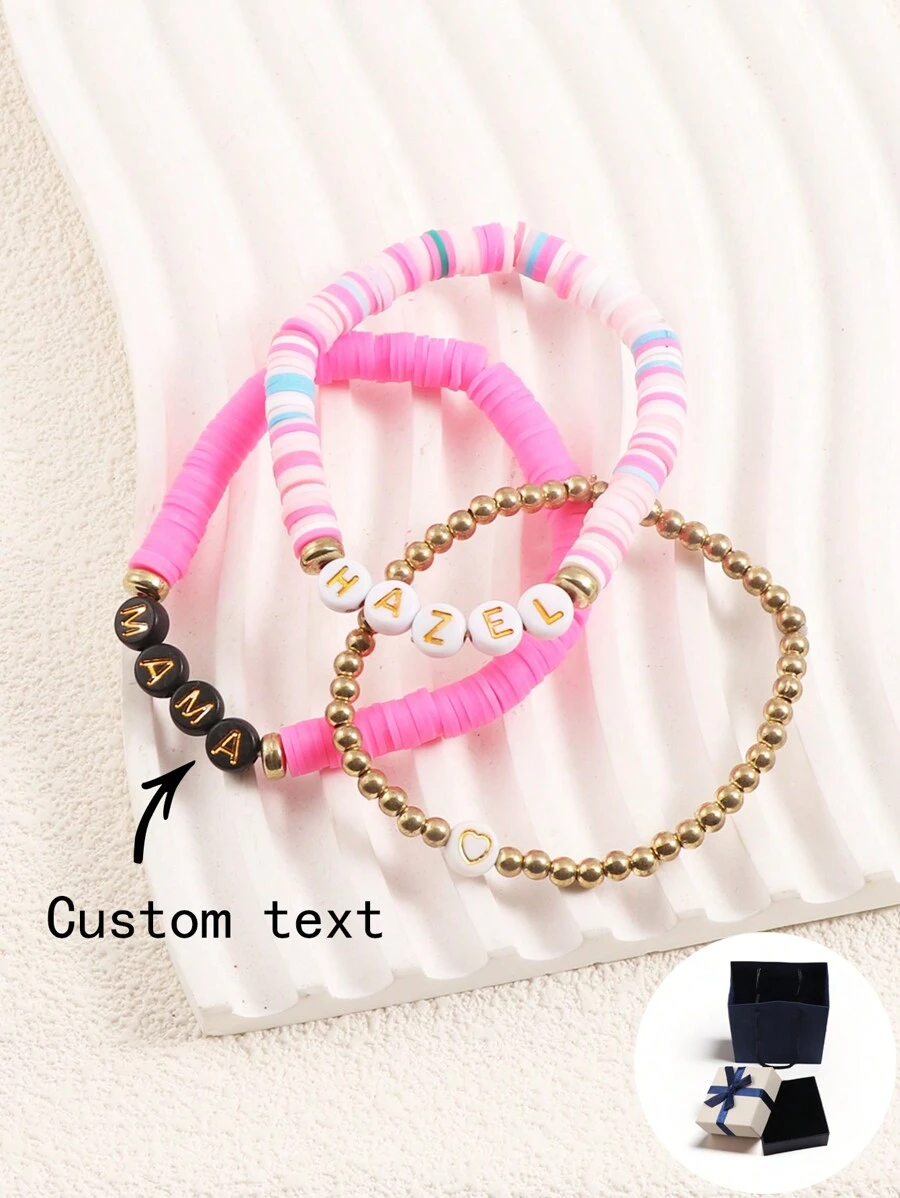 Customized Elegant Pink Beaded Bracelet With Random Mixed Colors, Stackable, Personalized With Letters, Name, Slogan, Album, Concert, Suitable For Daily Wear For Women