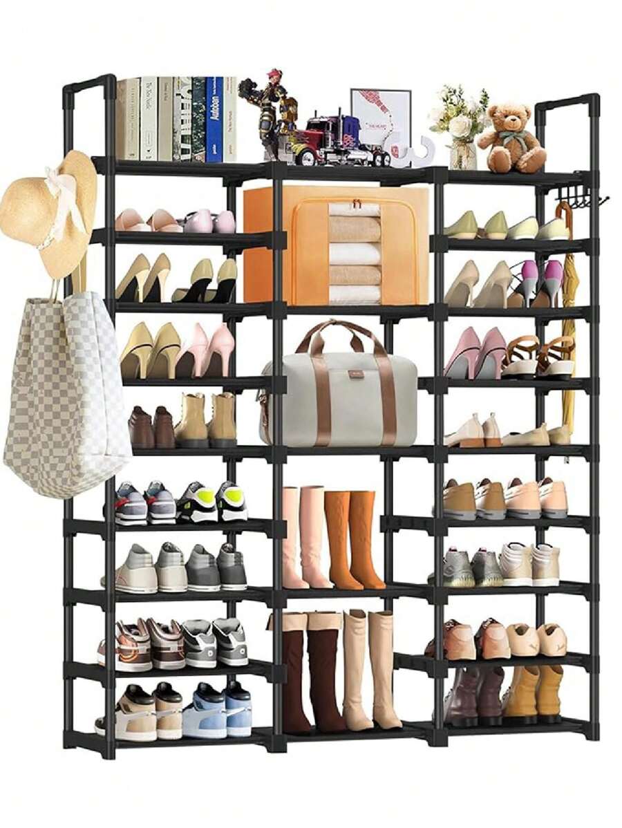 Large Shoe Rack Organizer Closet For Bedroom Entryway Hallway, 9 Tier 50-55 Pair Heavy Duty Shoes Shelf Storage With Versatile Hooks And Wooden Hammer For Entryway Living Room Bedroom
