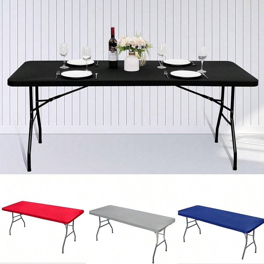 1 pièce de housse de table ajustée à moitié, nappe rectangulaire en polyester, options de couleurs multiples, ajustement élastique et ajusté, convient pour les tables pliantes de 4/6/8 pieds, lavable pour le pique-nique, le camping, l'intérieur et l'extérieur
