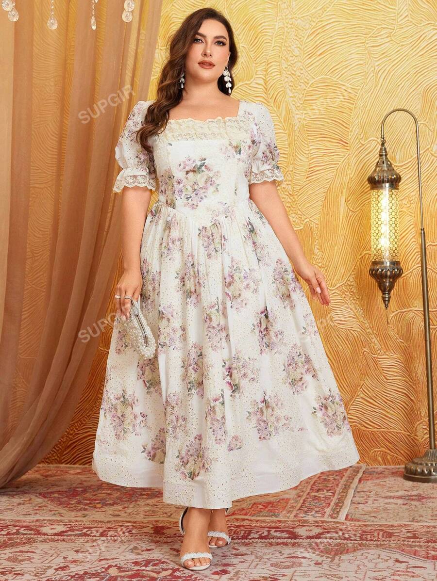SUPGIR Sukienka Plus Floral Print z kwadratowym dekoltem i bufiastymi rękawami