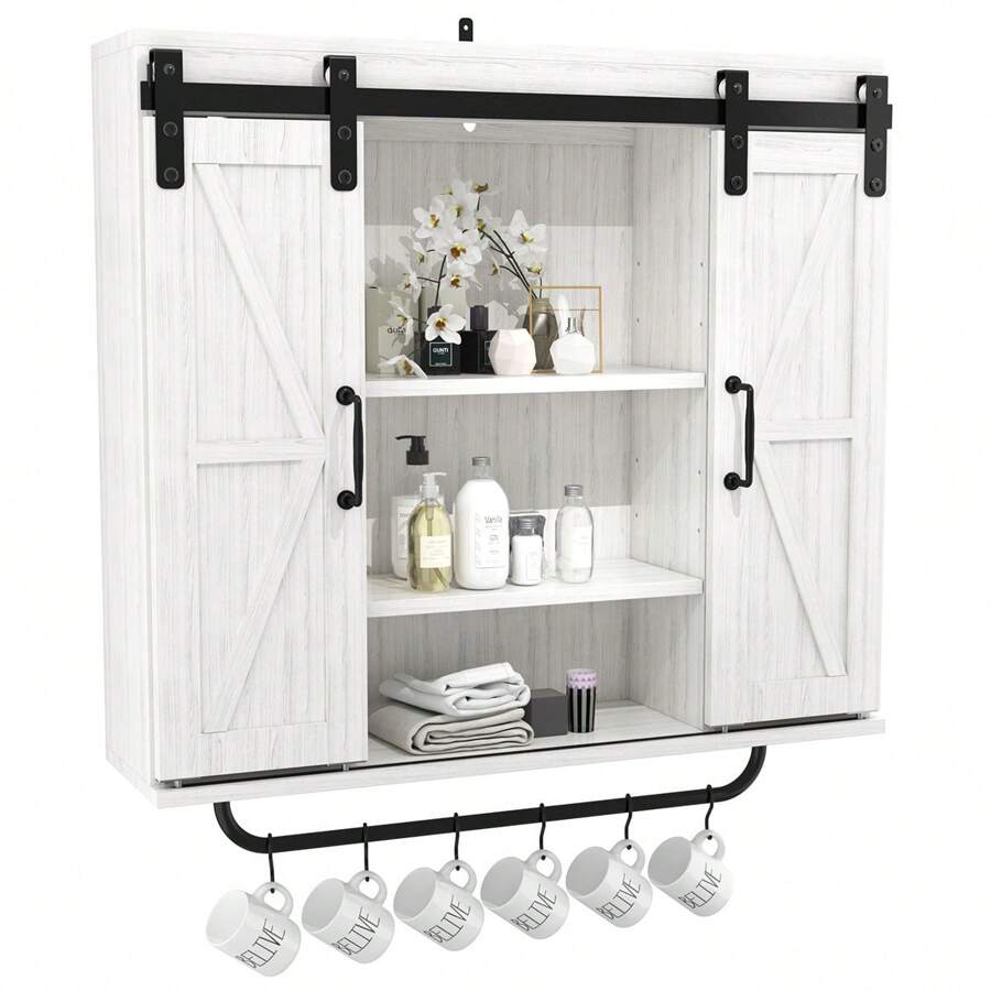 Rustic Wood Wall Storage Cabinet With Two Sliding Barn Door, 3-Tier Decorative Farmhouse Vintage Cabinet For Kitchen Dining, Bathroom, Living Room, Vintage Gray