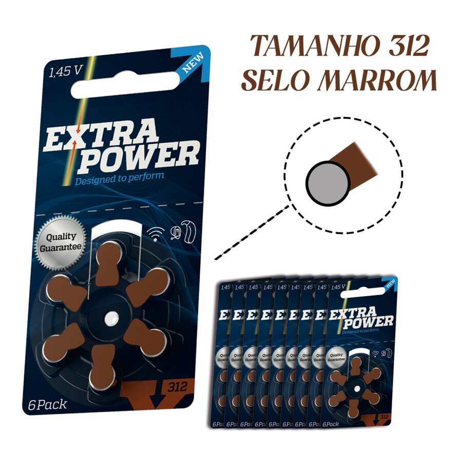 60 Pilhas/Baterias EXTRA POWER para Aparelho Auditivo - tamanho 312 - SELO MARROM