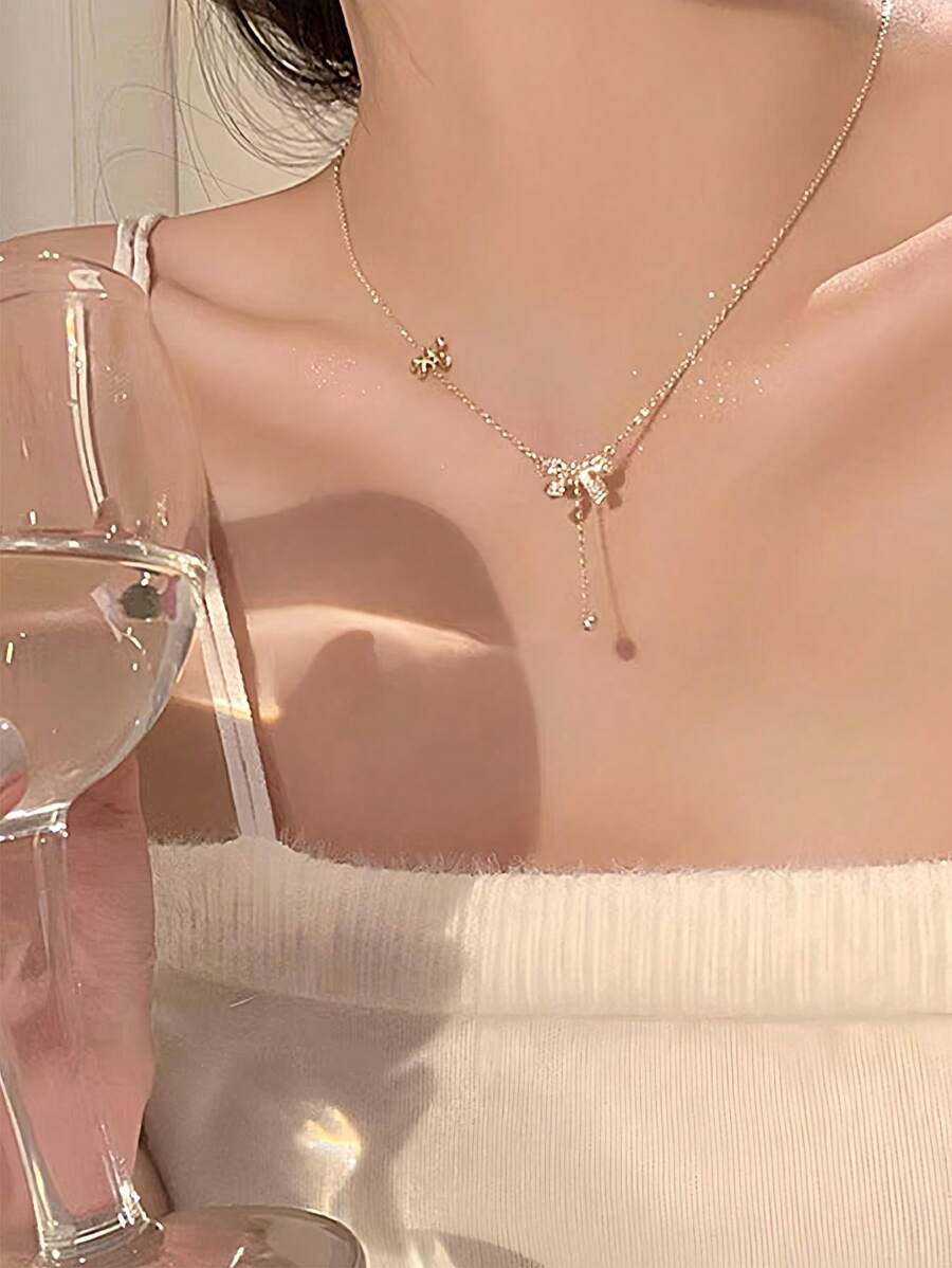 1pc Bow Knot Cubic Zirconia Necklace For Women Valentines,Mom,Mother,Mother's Day,Gift