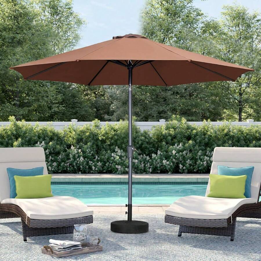 9FT Patio Outdoor Table ,Market With Push Button Tilt And Crank For Garden, Lawn, Deck, Backyard & Pool (Coffee)