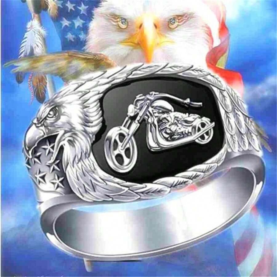 Anillo de motociclista con grabado de pico de águila, estilo punk negro
