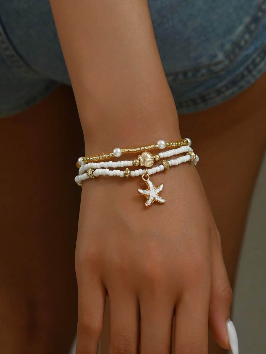 3pcs/Set Simple White Bead & Faux Pearl Starfish Shell Jewelry Bracelet, Suitable For Women's Daily Wear And Leisure Travel