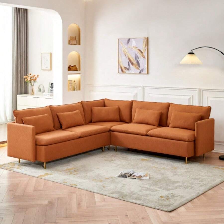 92"Teddy Fabric Sofa, Modern Corner Sectional Sofa With Support Pillow For Living Room, Apartment & Office.(Orange)