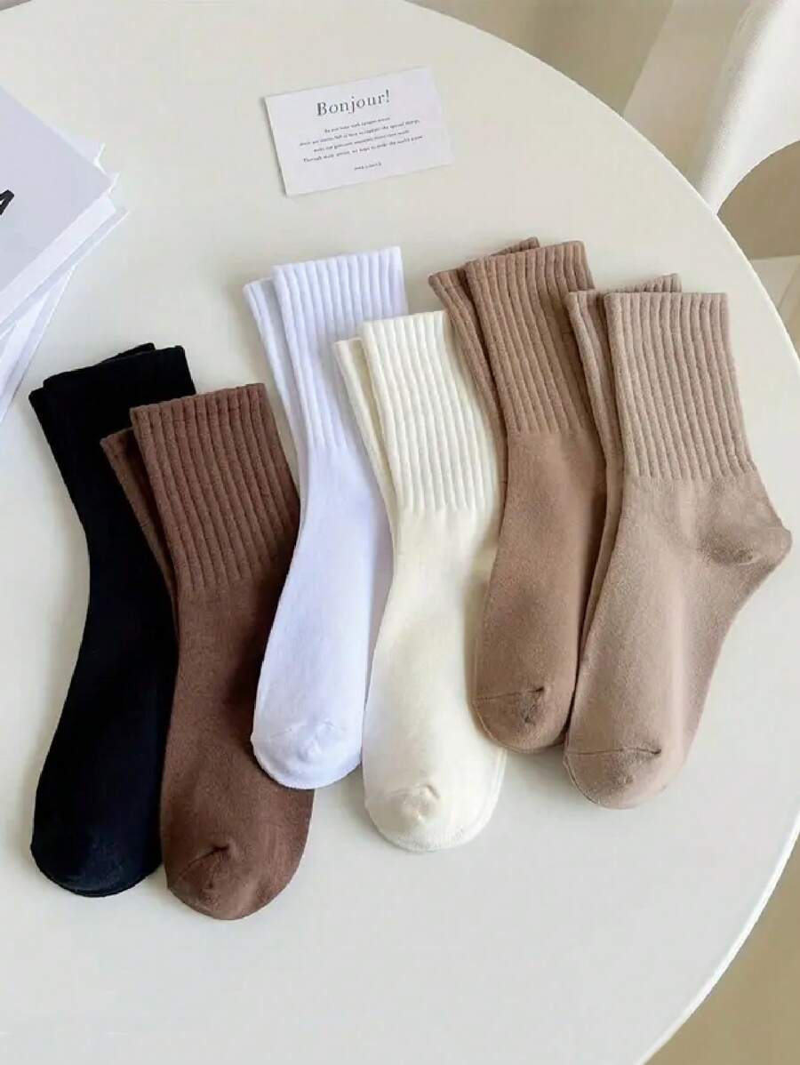 6 pares de calcetines de tubo medio para mujer, calcetines de uso diario de unicolor y suave para correr, senderismo