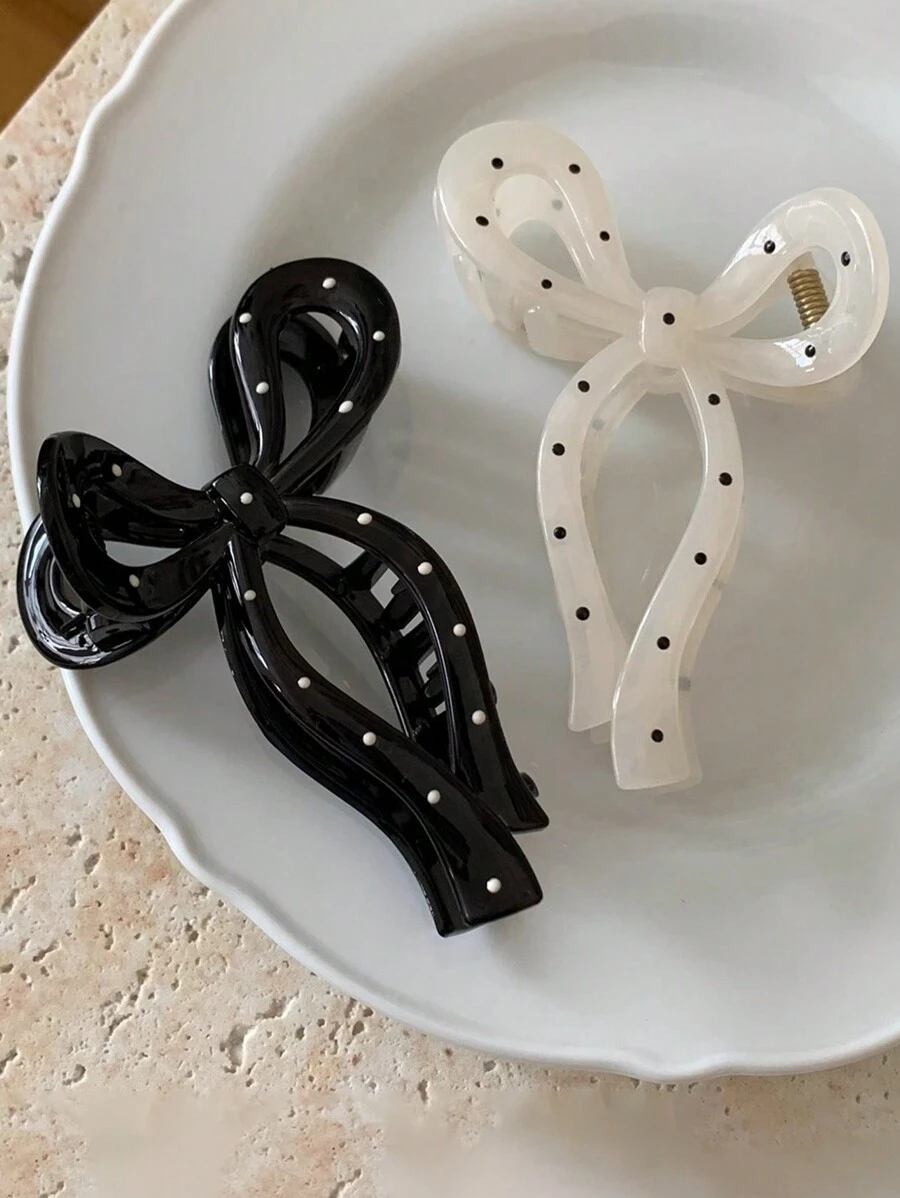 2pcs Set Women's Sweet Bow Polka Dot Large Hair Claw Clips Valentine's Day Valentines Hair Jaw Clip Hair Clamps Hair Clutch Hair Catcher Clip