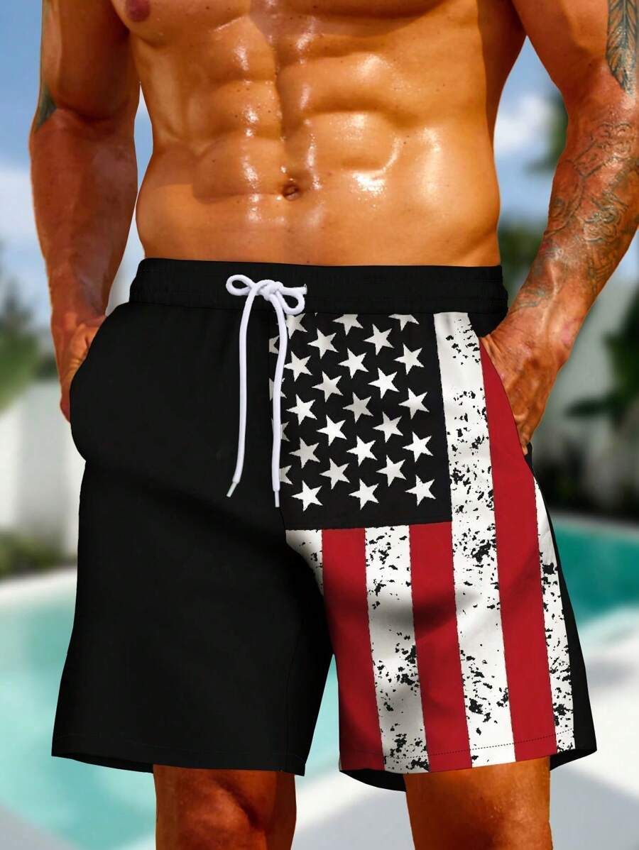 Men's Plus Size Holiday Casual Outdoor Sports National Flag 3D Digital Print Daily Vacation Home Drawstring Shorts, Without Lining,Hawaiian