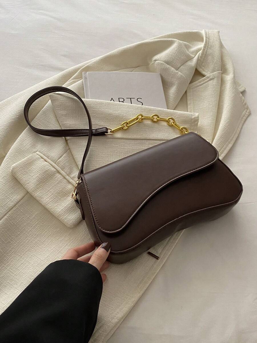 Bolso de hombro con solapa de unicolor minimalista, bolso bandolera clásico con textura para mujer