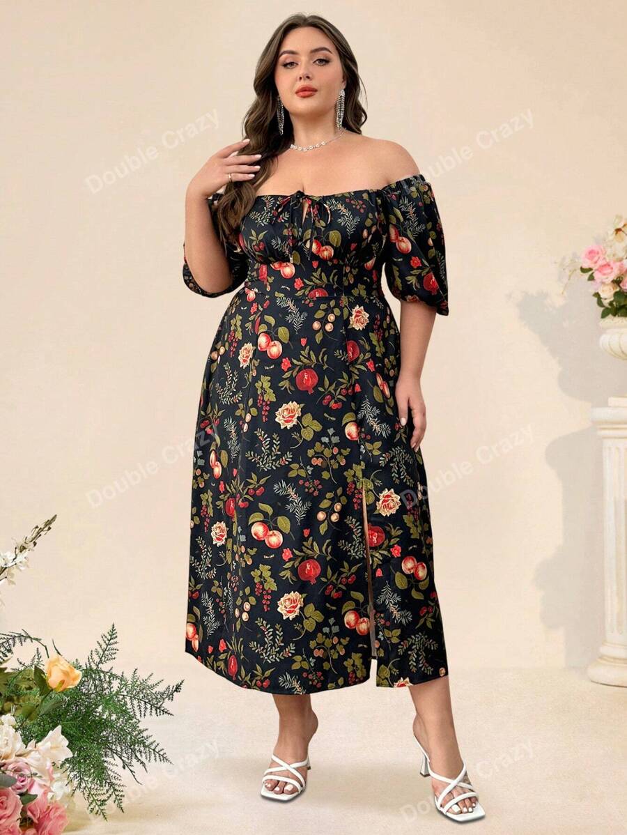 Double Crazy Off Shoulder A-Line High Slit Sexy Printed Dress
