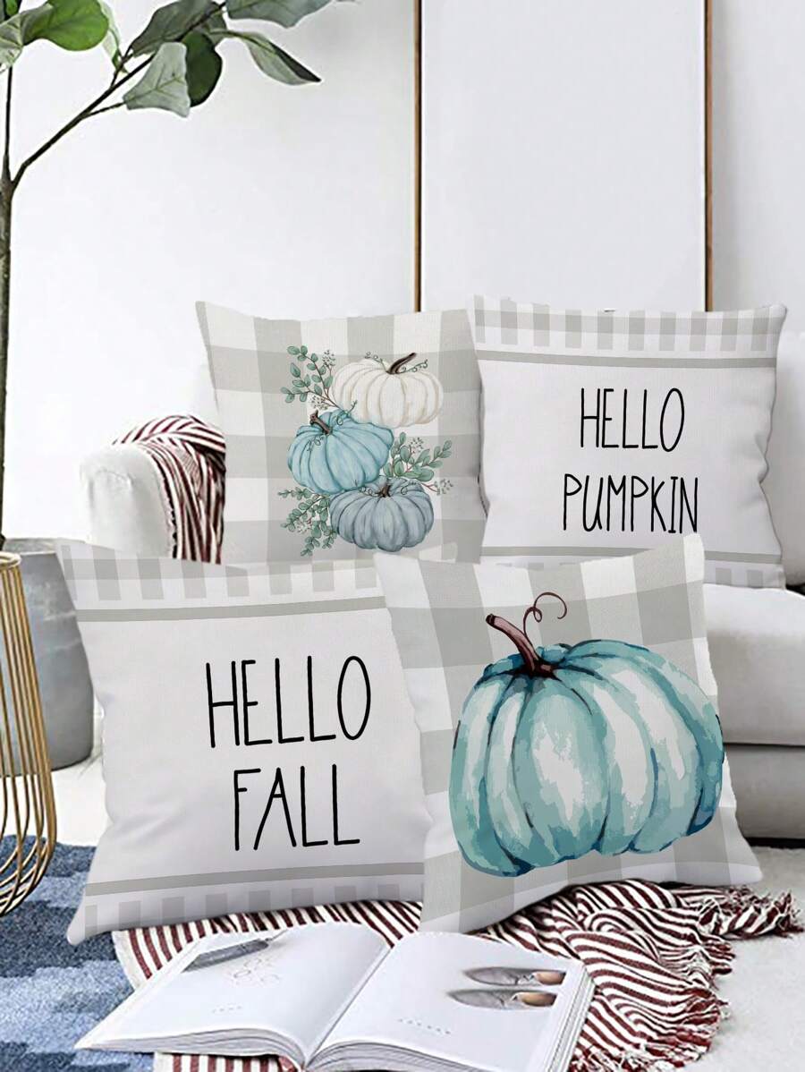 4 pièces/1 pièce Housses de coussin avec imprimé de lettre anglaise à carreaux gris de citrouille d'automne, housse de coussin de décoration de Thanksgiving pour canapé