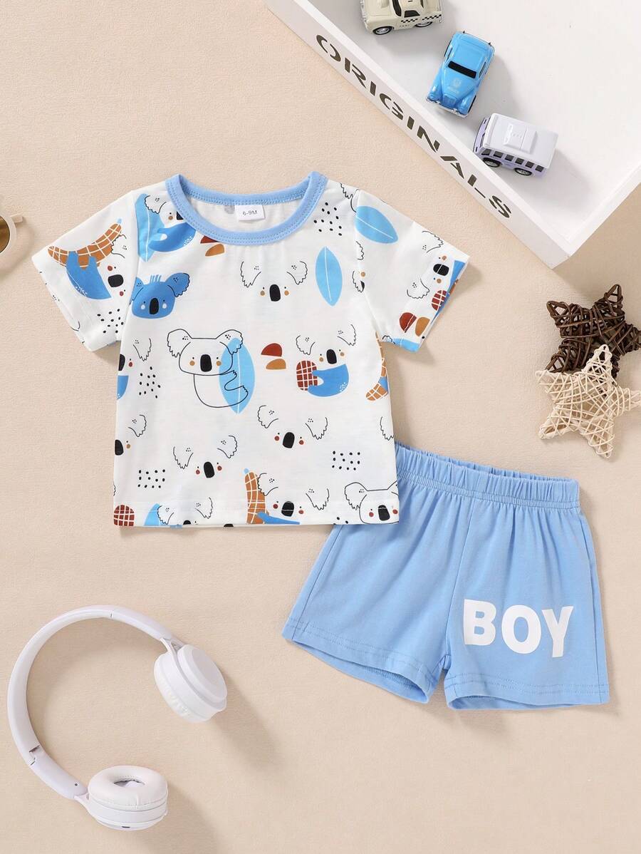2 szt. Dla chłopców Miękki, wygodny T-shirt z motywem kreskówkowym, zwierzęcym i kolorowym nadrukiem oraz zwykły zestaw spodenek sportowych z nadrukiem liter, odpowiednie na co dzień, na co dzień, na wakacje i imprezy