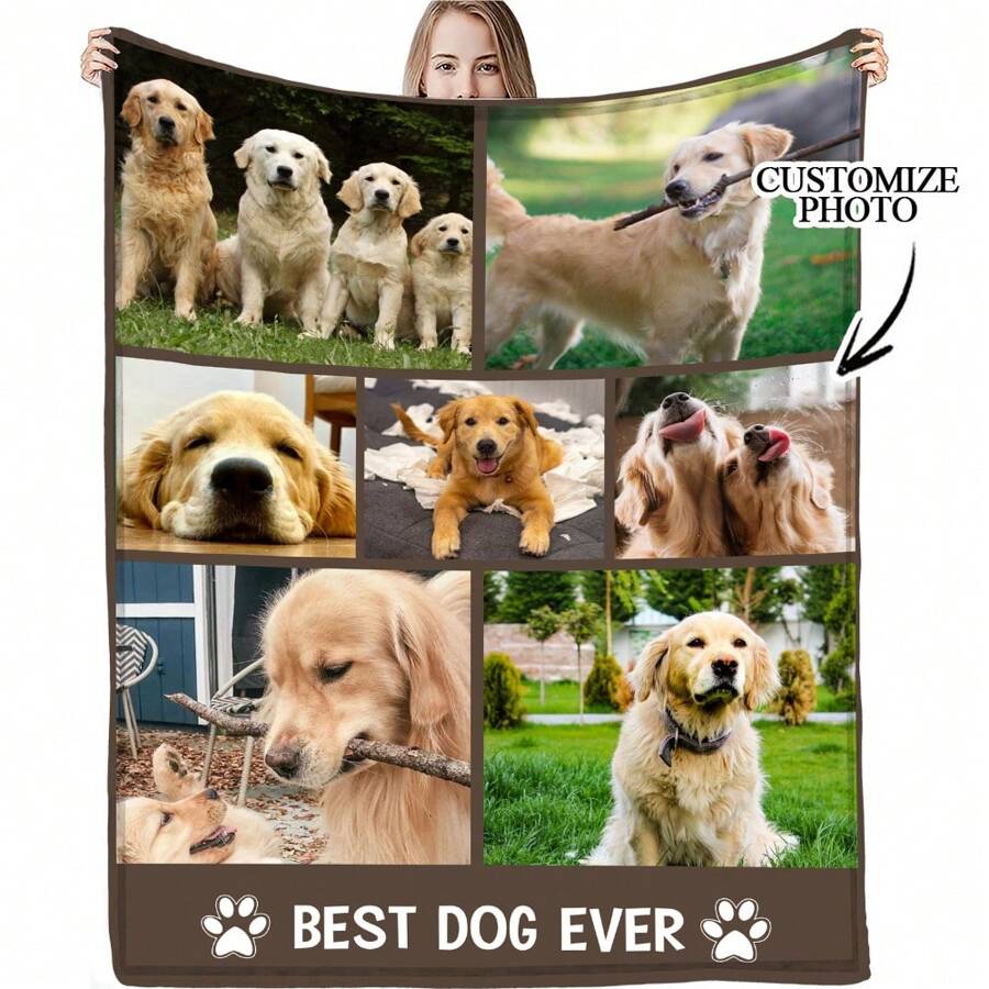 1pc Personalised Flannel Blanket With Multiple Photos, Customize Pet Photos,Cute Puppy Photo,HD Print Custom Photo Blanket, Commemorative Blanket, Great Holiday Gift