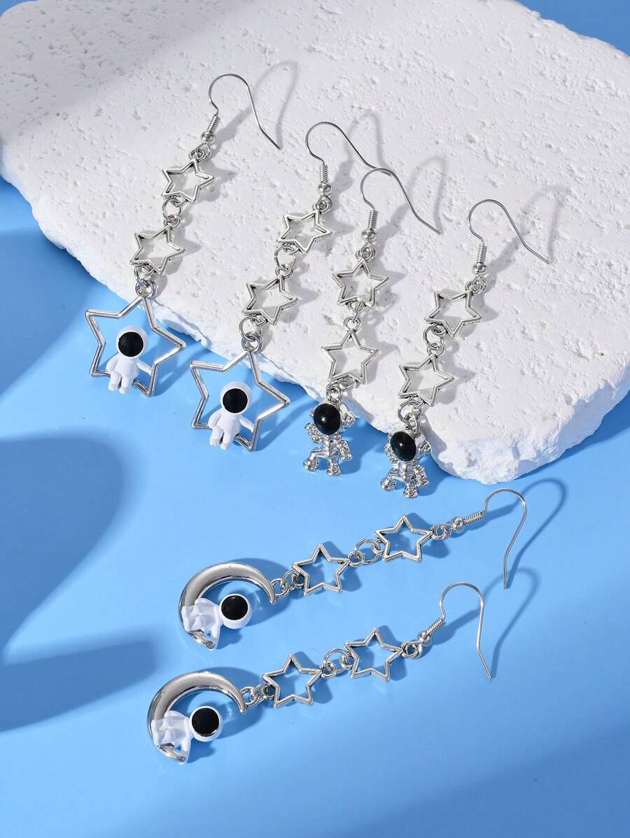 1 Pair Fashion Multicolor Star, Moon & Astronaut Drop Earrings, Suitable For Valentine'S Day, Couples & Friends, Daily Wear For Women