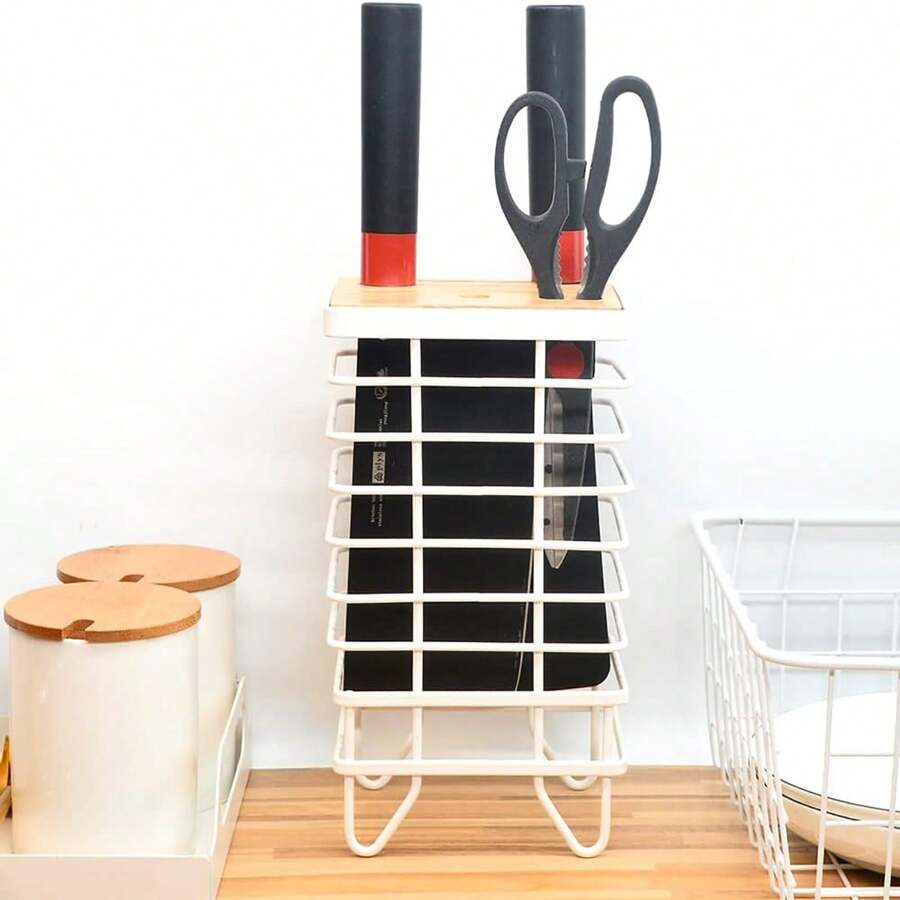 Knife Block Holder Universal Kitchen Knife Organizer Storage Stand 8 Slots Top Hollow Iron Wire Safe To Use Different Size Shape Knife Kitchen Countertop Organizer White