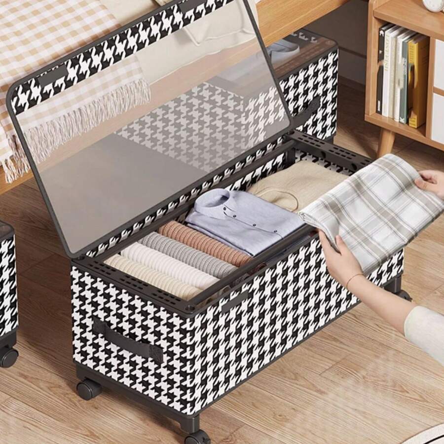 Scatola da sotto il letto con ruote e coperchio antipolvere trasparente, grande capacità per coperte, biancheria da letto, vestiti e forniture scolastiche/per insegnanti, decorazioni per festival, decorazioni per camera da letto, decorazioni per la casa, decorazioni per stanze, organizer per vestiti, pantaloni, scarpe, jeans, stivali, gonne, maglie bianche da donna, pantaloni neri da donna, abbigliamento invernale da donna, abiti