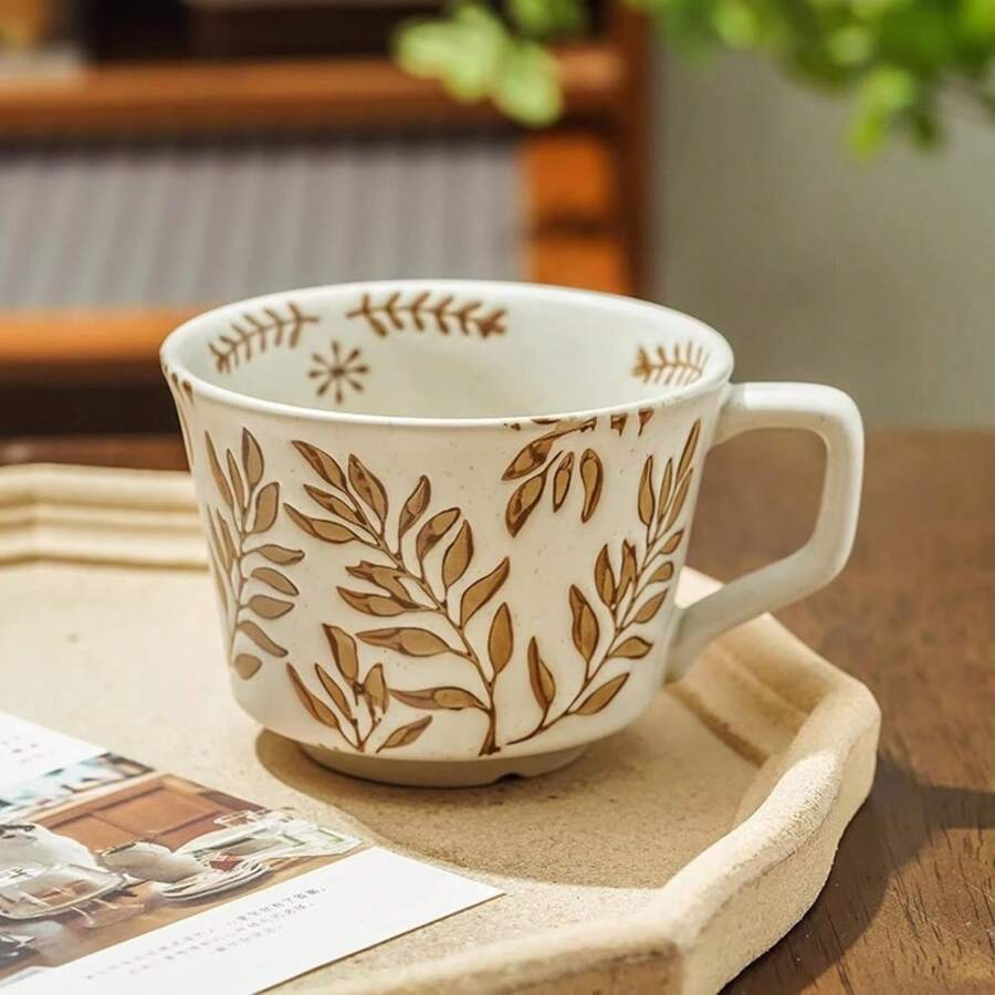 Taza de cerámica floral creativa de 330 ml / 11 oz, de lujo ligero y estilo retro para desayuno, leche y café. Taza de cerámica retro pintada a mano, de vuelta al colegio.