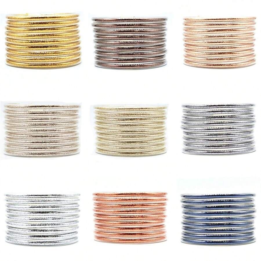 9 Stücke/Set glitzernde Jelly Armreifen für Frauen Armband, silbrige rosé-goldene Farben Armreife Armband