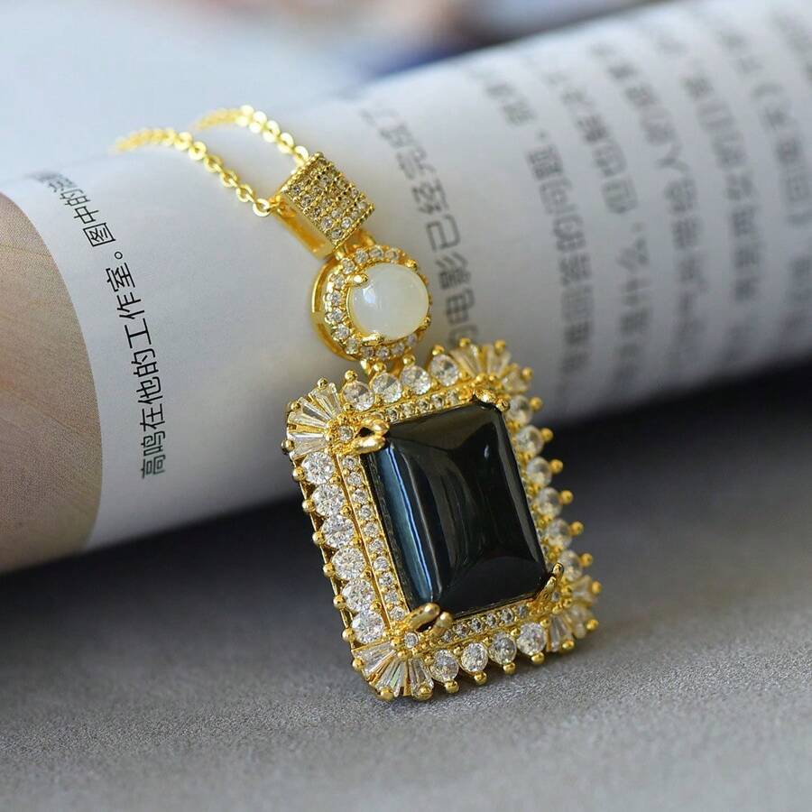 1pc Natural Black Gemstone Peace Necklace Set Pendant, Black Gemstone Gold Plated Inlay, Gold Jade Fashion Jewelry, Fashion Jewelry, Women's Necklace Jewelry, Gem Necklace, Holiday Gifts, Gifts For Her.