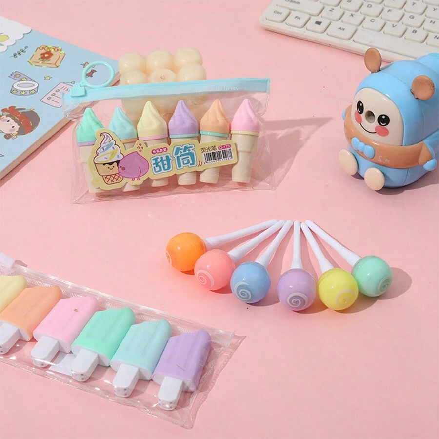 6pcs/Set Mini Ice Cream, Candy, And Waffle Cone Style Fluorescent Highlighter Pen Set, Cute Graffiti Drawing Diary Study Marker Pen With Random Packaging