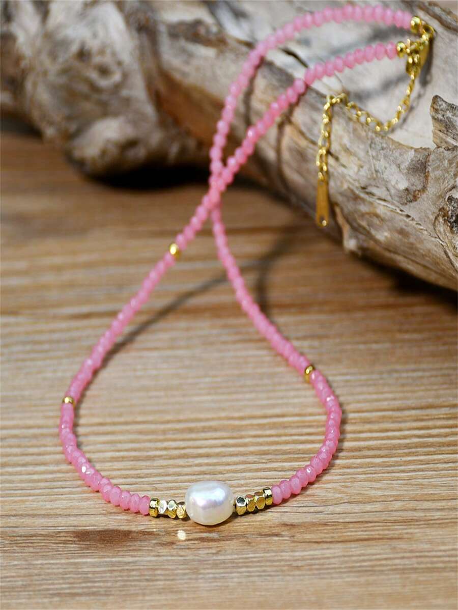 Verspieltes Süßwasserperlen Halskette, Boho-Chic Pulver Rosa Kristall Perlen Choker, mehrstufige Schlüsselbein-Kette Schmuck
