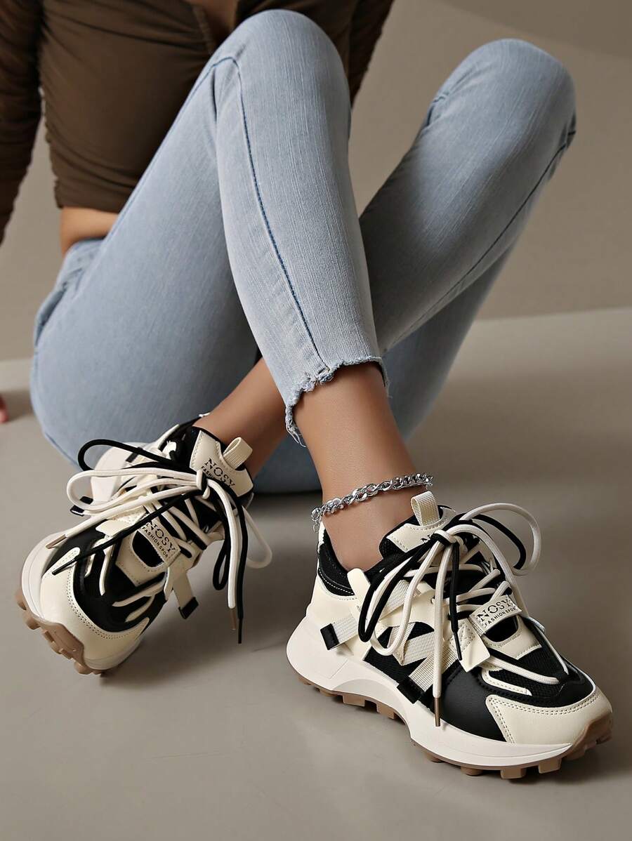 New Thick-Soled Women's Black & White Colorblock Chunky Sneakers, All Seasons Casual Breathable Mesh Running Elevator Fashion Sports Shoes