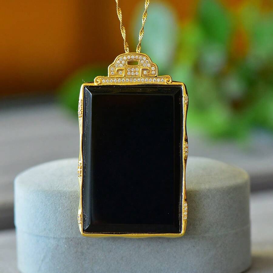 1pc Natural Black Gemstone Peace Necklace Set Pendant, Black Gemstone Gold Plated Inlay, Gold Jade Fashion Jewelry, Fashion Jewelry, Women's Necklace Jewelry, Gem Necklace, Holiday Gifts, Gifts For Her.