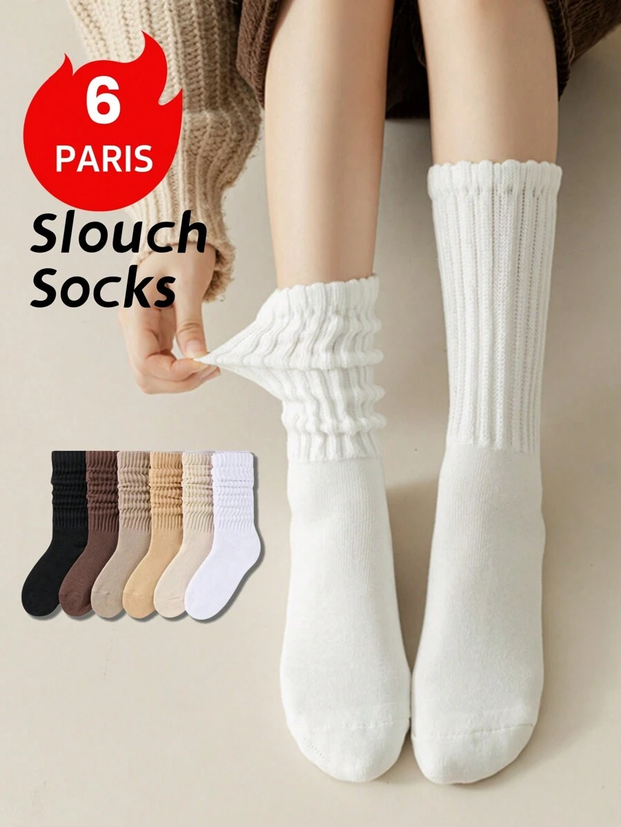 6 pares de calcetines largos para mujer de unicolor/calcetines tipo "slouch", de puño holgado, cómodos y transpirables, aptos para el Día de la Madre, pantuflas, zapatillas deportivas, zapatos de lona, uso diario
