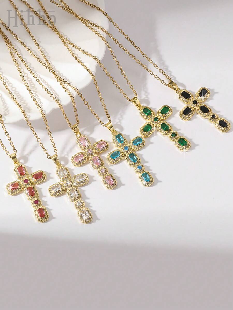 Hihho Colar com pingente de cruz da Virgem Maria em zircônia colorida estilo europeu, 1 peça, adequado para uso diário feminino, festas, reuniões, melhor presente para amigos, joias elegantes e versáteis, acessório de design exclusivo para presente