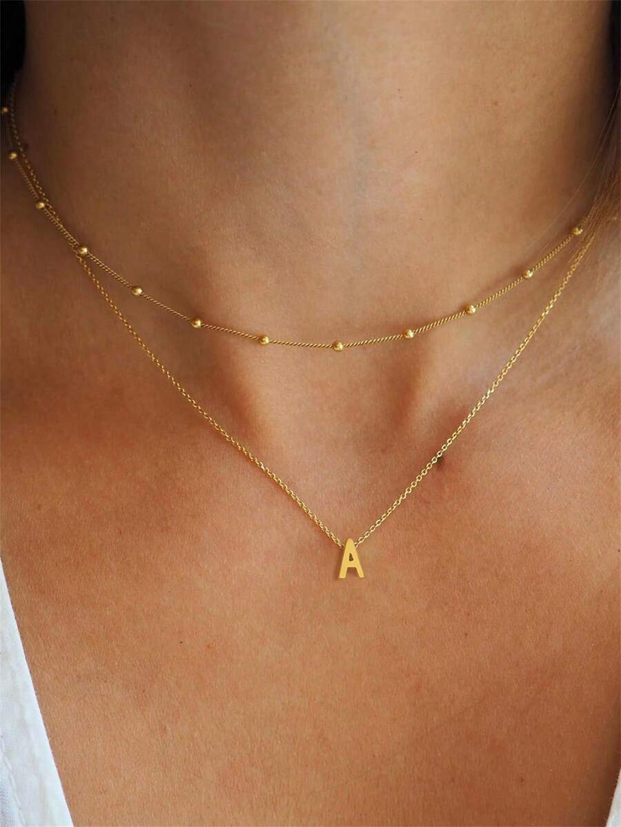 2 Stücke elegante und minimalistische Damen Edelstahl Halskette mit 26 Buchstaben Anhänger Set, modischer Schmuck Geschenk für Freundin, Ehefrau, Mutter