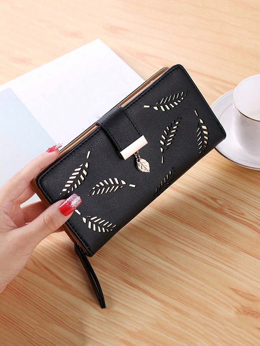 Billetera para mujer con múltiples ranuras y compartimentos, diseño de hoja calada