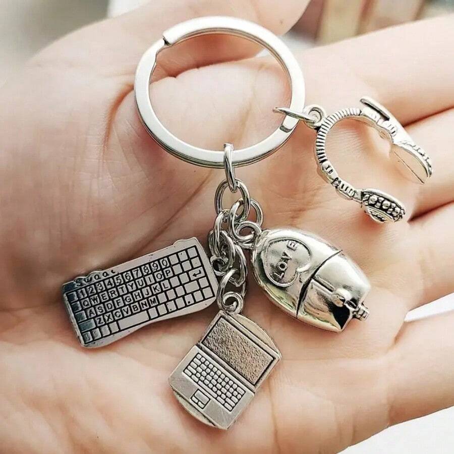 Zinc Alloy Computer Themed Keychain With Laptop, Mouse, And Keyboard Accessories - Men's Casual And Fashionable Metal Keychain Car Accessories Bag Charm School