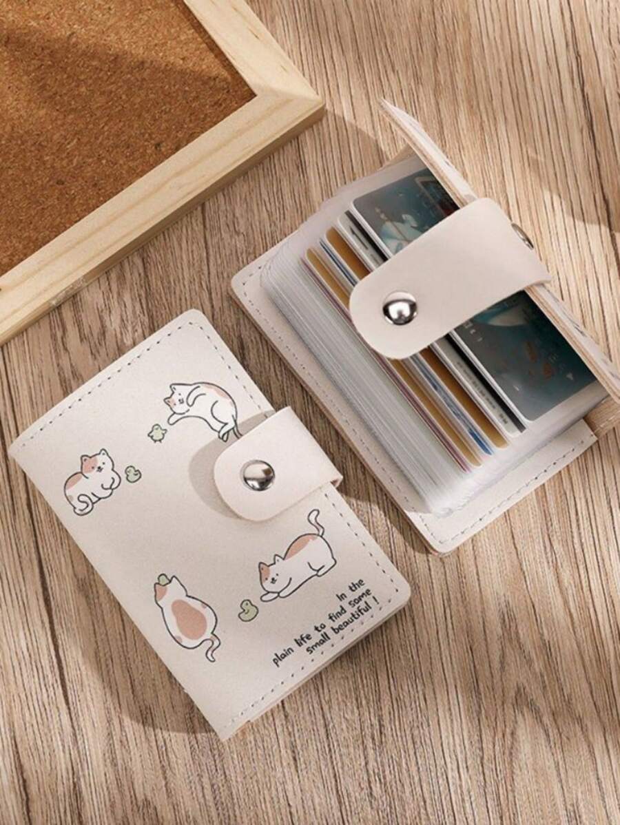 Estuche compacto para mujer con 20 ranuras para tarjetas, puede almacenar tarjetas, licencia de conducir y varias tarjetas, diseño de gato de dibujos animados con botón a presión, regalo de estuche para tarjetas con diseño de gato creativo y doodle para mujeres