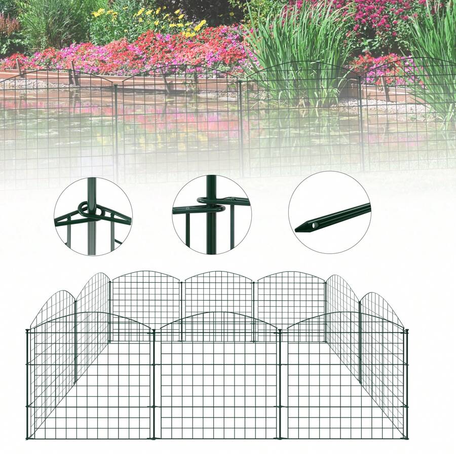VA-Cerulean Pond Fence 22-Piece Plug-In Fence Set Metal Garden Fence Lattice Fence Upper Arch Dog Fence Fence For Plugging In The Garden 10 Fence Elements And 12 Fixing Rods