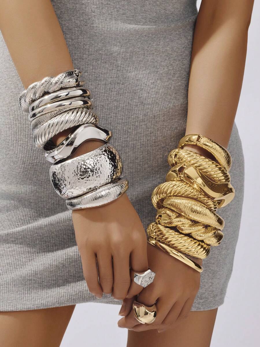1 Set Of 2pcs Exaggerated Fashionable Unique Layered Metal Alloy Open Bangle Bracelets For Women, Suitable For Street, Shopping, Dating, Party, Beach, Office And Gift