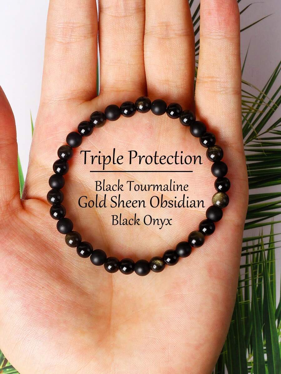 1 pieza Pulsera de cristal de triple protección con turmalina negra, obsidiana dorada, ágata negra, accesorio elegante para la estabilidad emocional y la armonía diaria, joyas de cuentas de 6 mm, regalos de agradecimiento para empleados