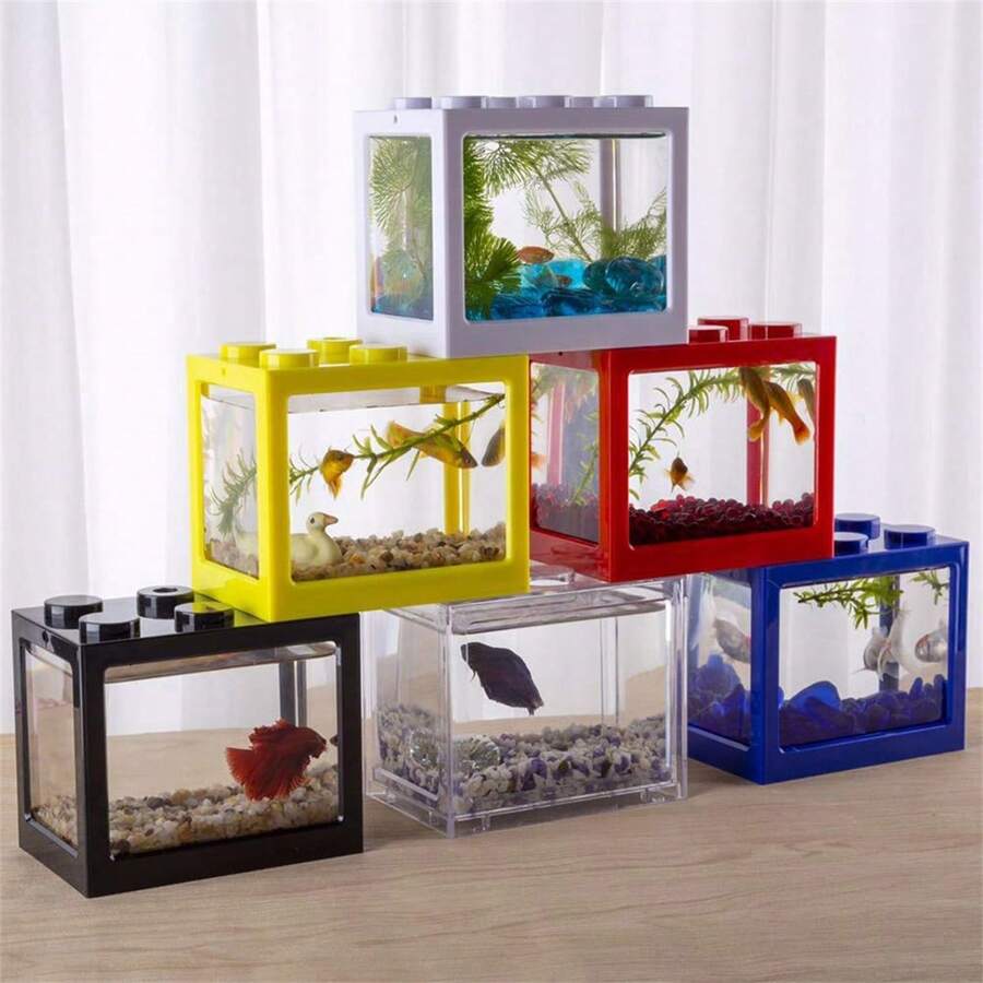 1pc Small Betta Fish Tank,Building Block Shape Stackable Mini Fish Tank Aquarium Tank Kit,Rectangular Fish Bowl With Prespective Hole,Cube Tank For Shrimp Snails(Only Fish Tank)