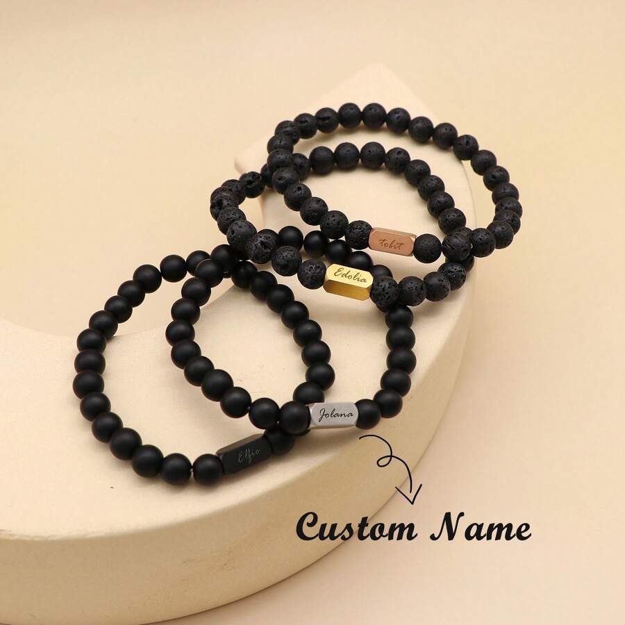 Pulseras de cuentas personalizadas para niños, pulsera de cuentas de lava, pulsera de cuentas de ónice con nombre personalizado grabado, pulsera con nombre para niños, regalo para papá, esposo, regalos para el Día del Padre