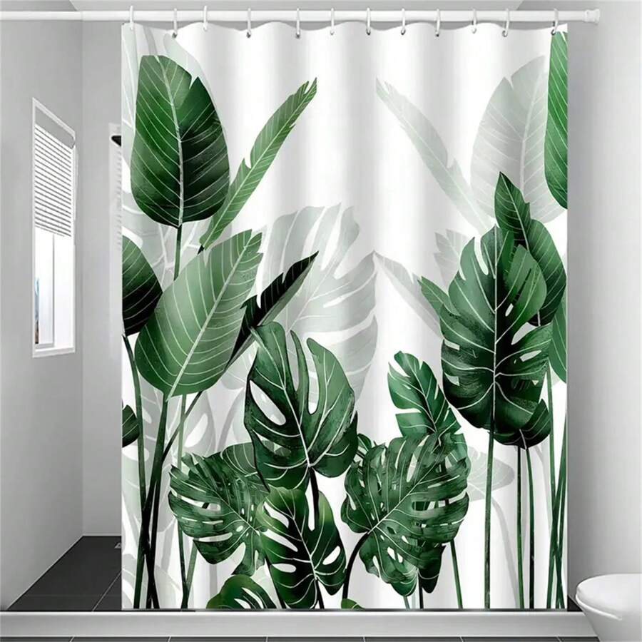 1pc Vibrant Green Leaf Shower Curtain - Waterproof, Woven Polyester Fabric, Easy Hand Wash, Leaf Pattern, Plant Theme, Grommet Accessory, Water-Resistant And Mildew-Free For Bathroom Decor Summer Bathroom Accessories Back To School