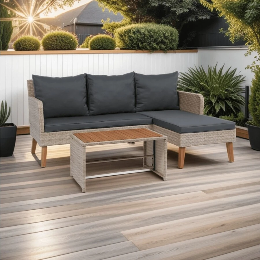 3 Piece Patio Sectional Wicker Rattan Outdoor Furniture Sofa Set Natural Yellow Wicker + Dark Grey Cushion YY Choice