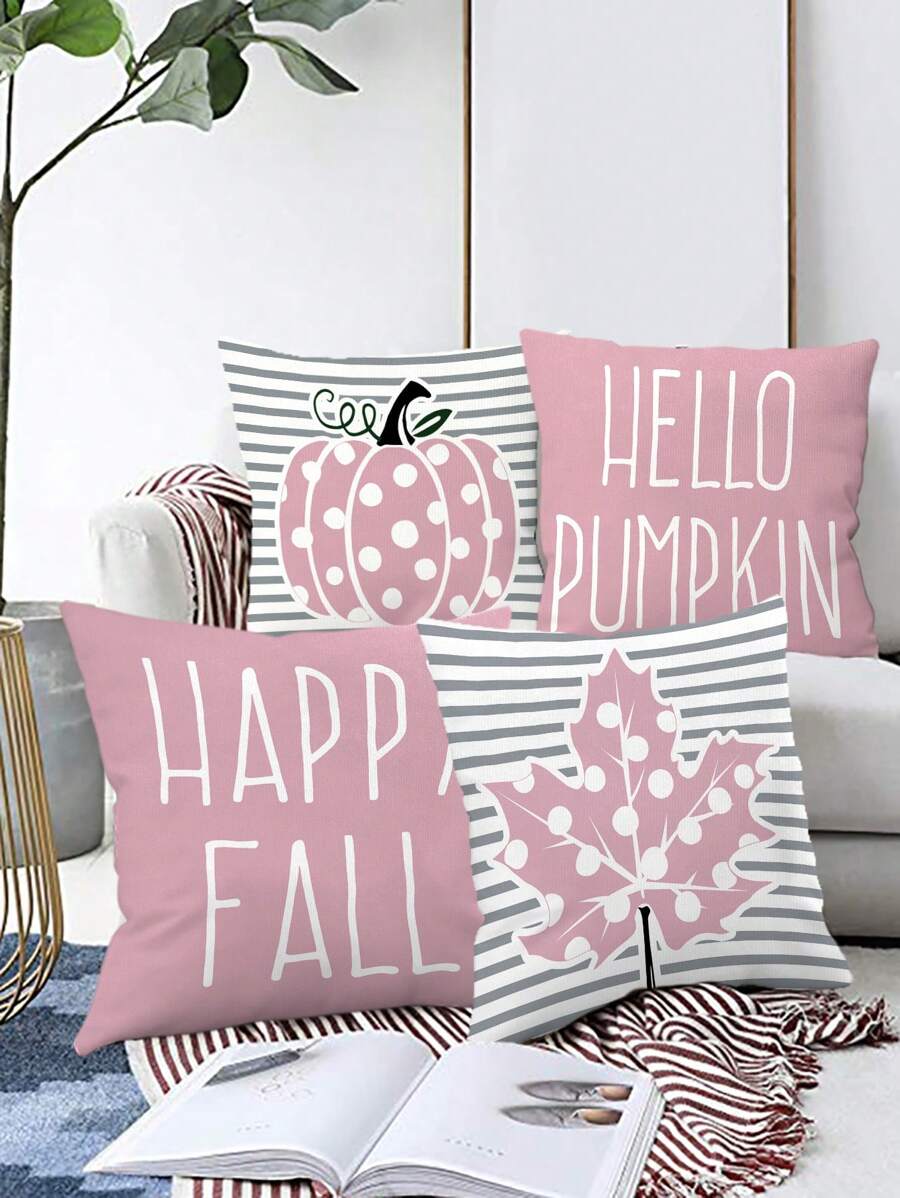 4 pièces/1 pièce Housse de coussin décorative de thanksgiving avec imprimé de citrouille à pois rose, feuille d'érable et rayure de lettre anglaise, couvre-coussin de décoration de thanksgiving