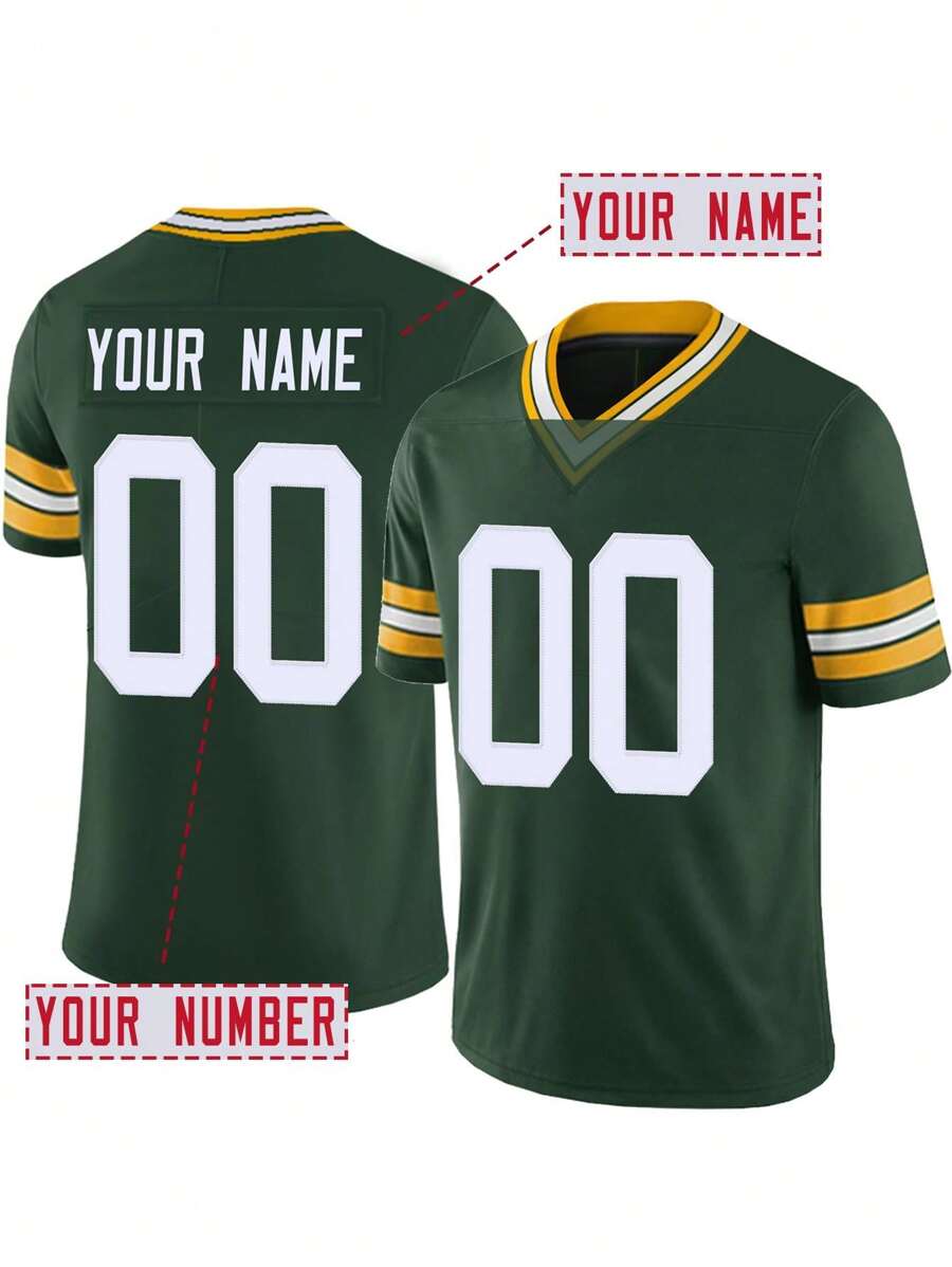 Camiseta de fútbol americano personalizada con bordado de nombre y número en estilo de novio, cuello en V verde de Green Bay, manga corta, para fiesta, juego, entrenamiento, competición, deporte. Tallas S-XXL. Estilos: elegante, hipster, minimalista, personalizado, único. Disfraz ideal de jugador de fútbol para él, novio, familia, amigos, niños para cumpleaños, colegio/competición, deportes